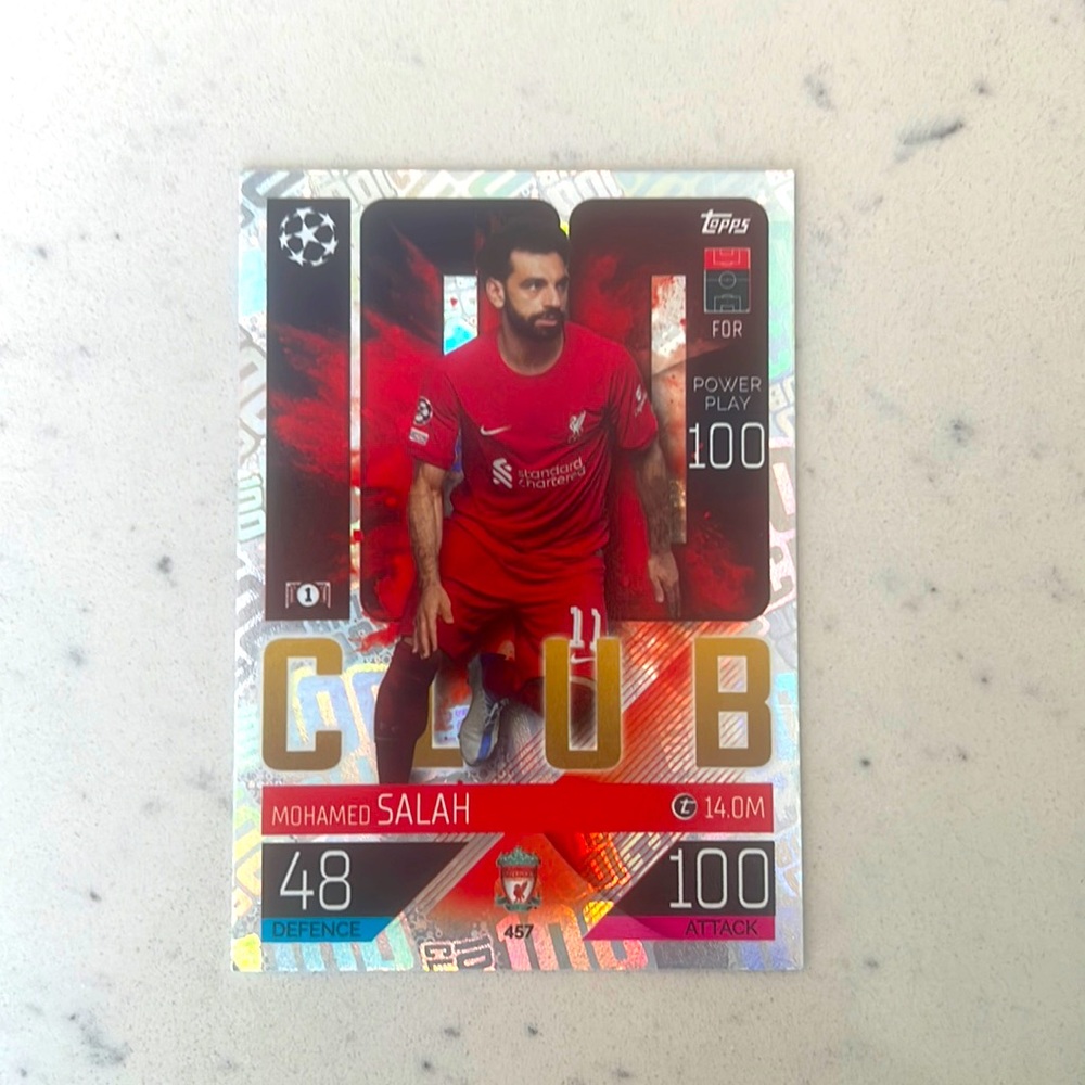 Mohammed Salah 100 CLUB, #457 Topps Match Attax Card.
